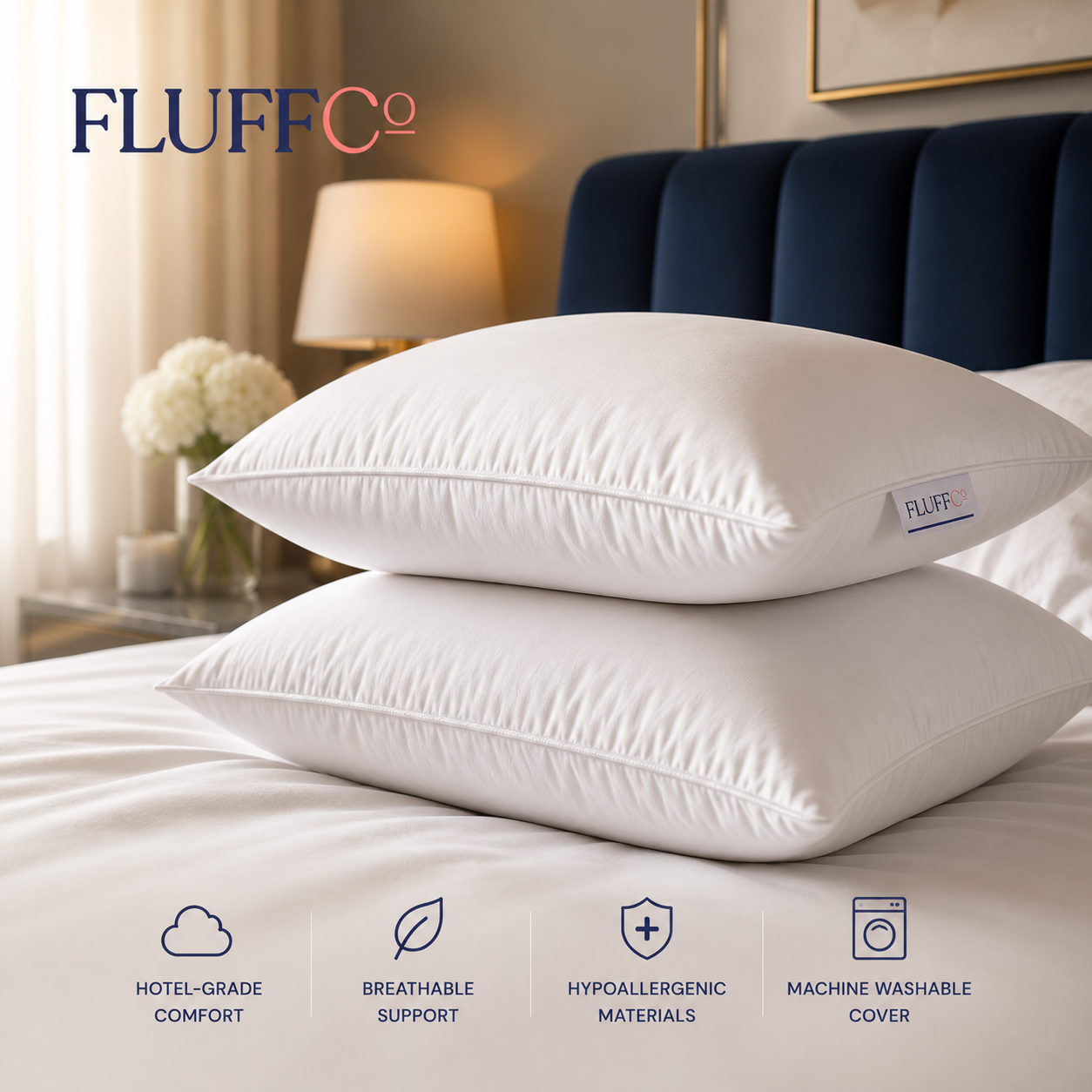 FluffCo hotel pillow on a premium bed